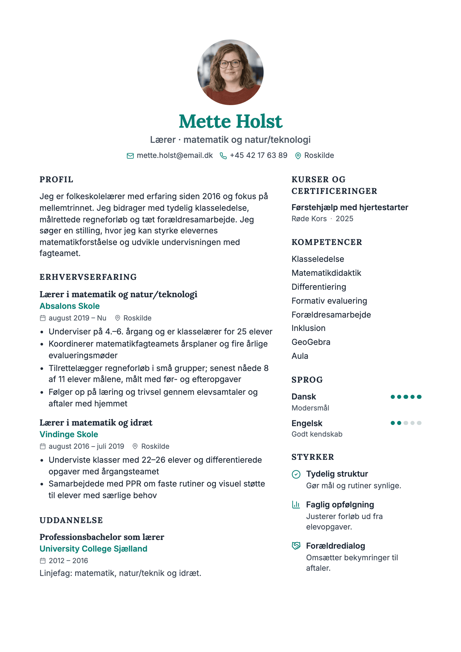 CV-eksempel: Lærer